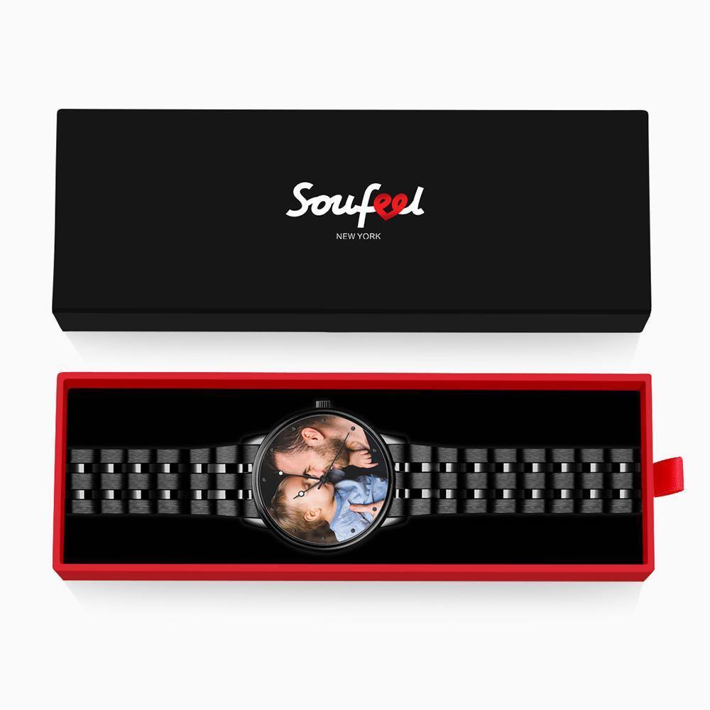 Engraved Men's Black Alloy Bracelet Photo Watch 38mm Christmas Gift - soufeelau