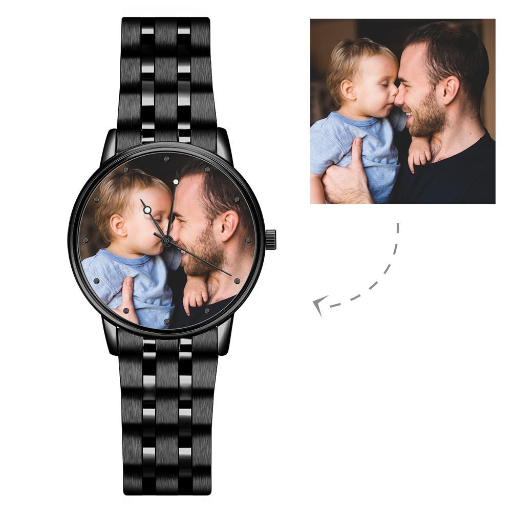 Engraved Men's Black Alloy Bracelet Photo Watch 38mm-Father's Day Gift