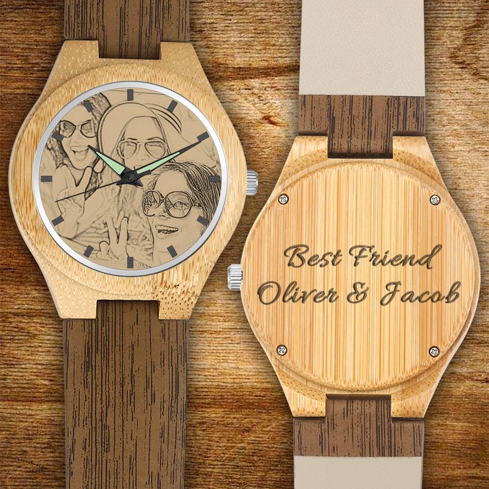 Men's Engraved Bamboo Photo Watch Wooden Leather Strap 45mm