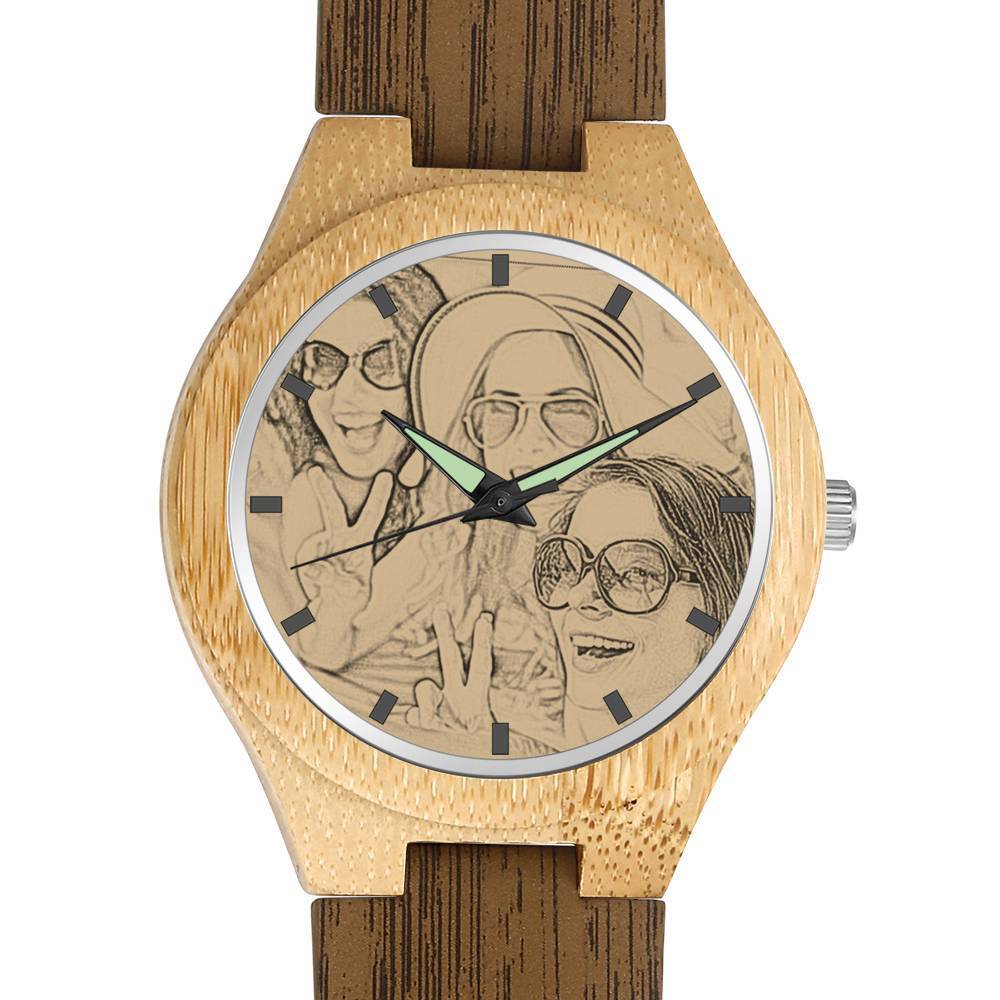 Men's Engraved Bamboo Photo Watch Wooden Leather Strap 45mm