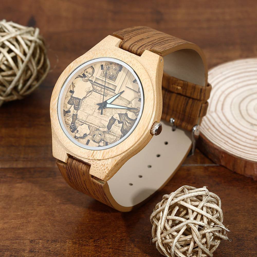 Men's Engraved Bamboo Photo Watch Wooden Leather Strap 45mm