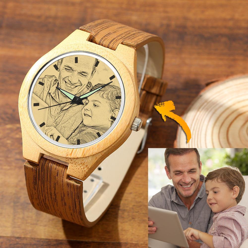 Men's Engraved Bamboo Photo Watch Wooden Leather Strap 45mm