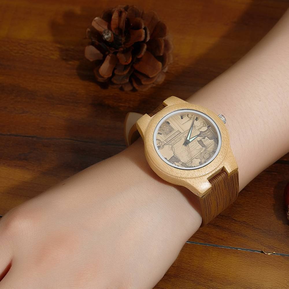 Women's Engraved Bamboo Photo Watch Wooden Leather Strap 40mm