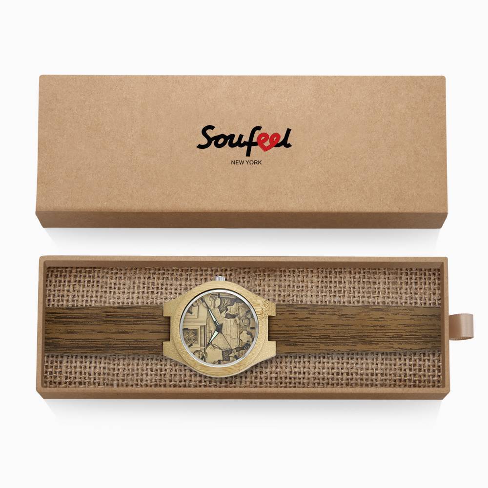 Women's Engraved Bamboo Photo Watch Wooden Leather Strap 40mm