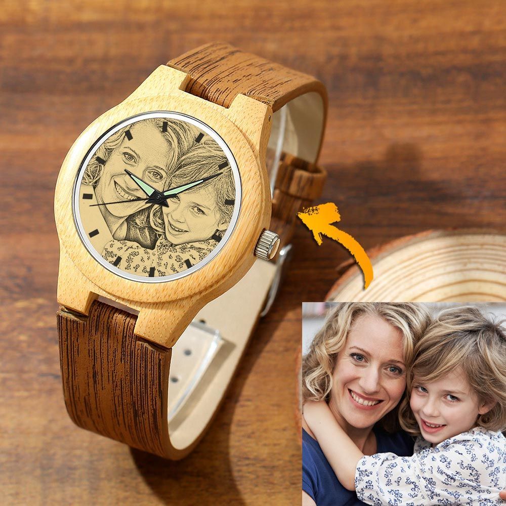 Women's Engraved Bamboo Photo Watch Brown Leather Strap 40mm