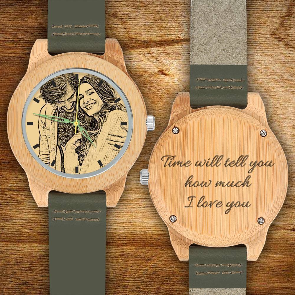 Women's Engraved Bamboo Photo Watch Dark Green Leather Strap 40mm