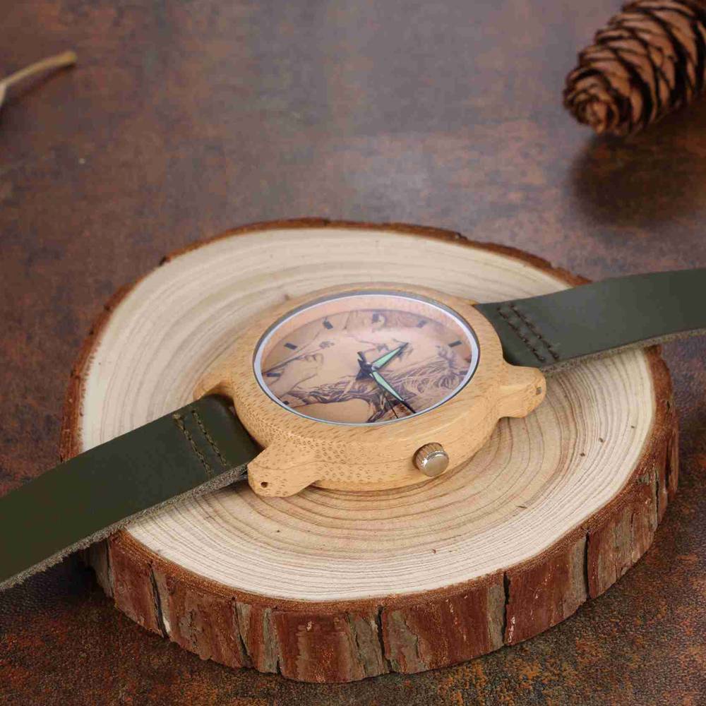 Women's Engraved Bamboo Photo Watch Dark Green Leather Strap 40mm