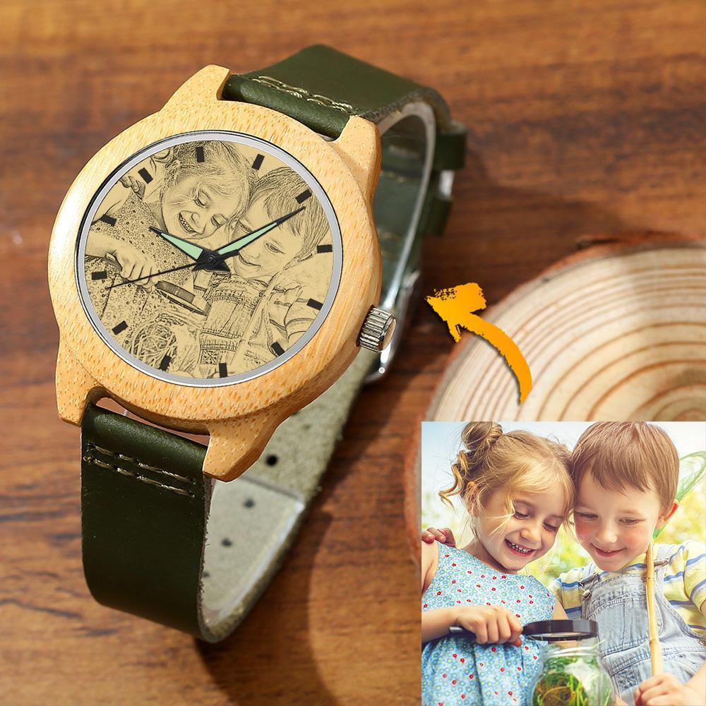 Women's Engraved Bamboo Photo Watch Dark Green Leather Strap 40mm