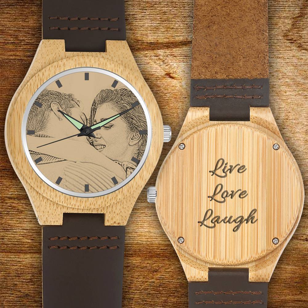 Women's Engraved Bamboo Photo Watch Brown Leather Strap 40mm