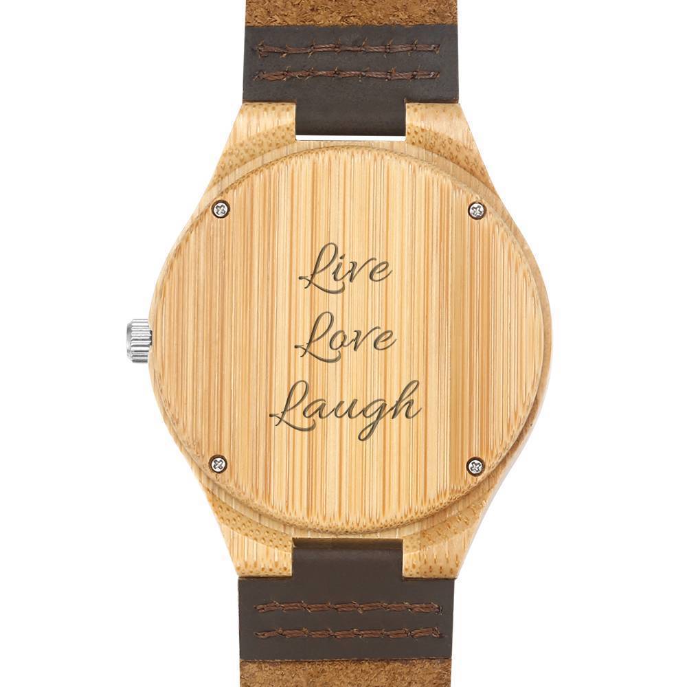 Women's Engraved Bamboo Photo Watch Brown Leather Strap 40mm