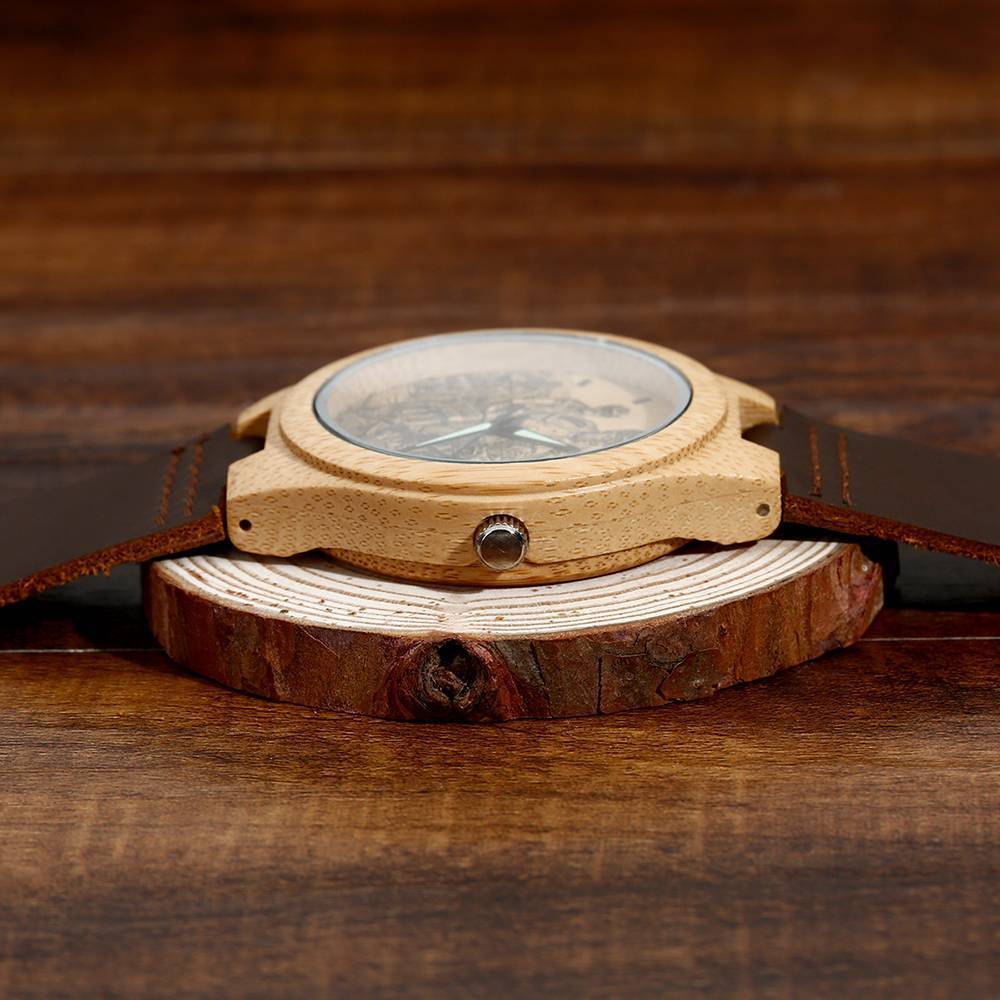 Women's Engraved Bamboo Photo Watch Brown Leather Strap 40mm