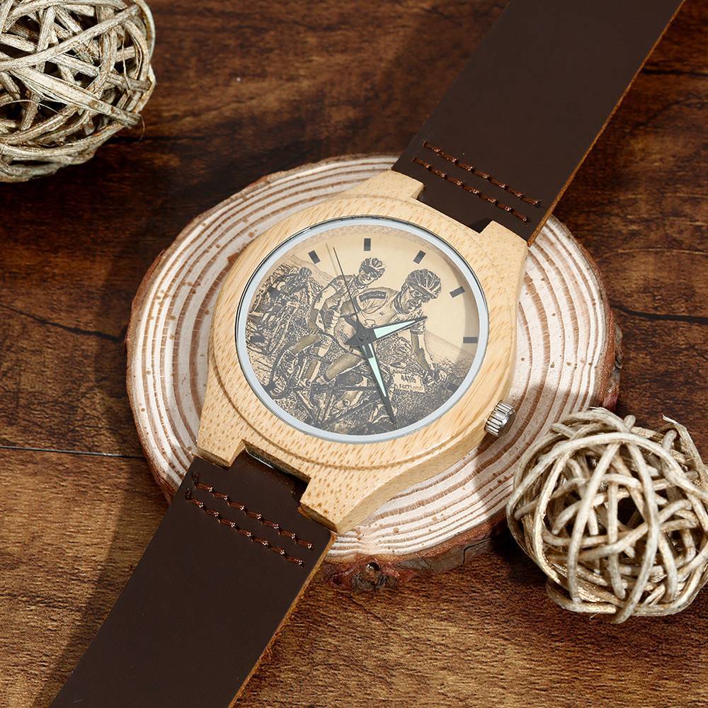 Women's Engraved Bamboo Photo Watch Brown Leather Strap 40mm