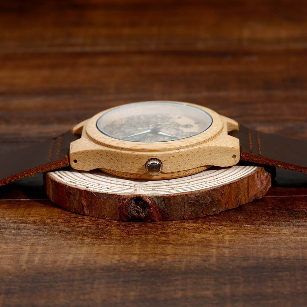 Men's Engraved Bamboo Photo Watch Brown Leather Strap 45mm