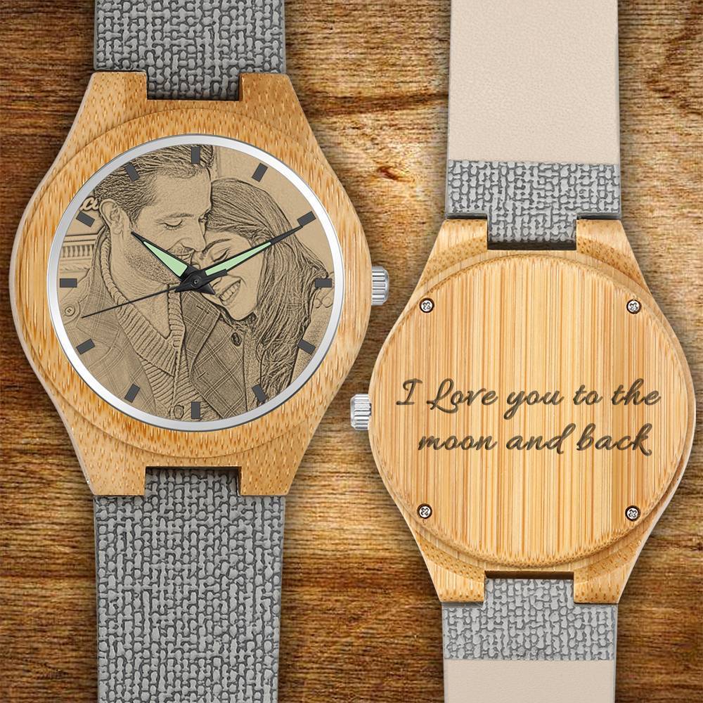 Men's Engraved Bamboo Photo Watch Grey Leather Strap 45mm