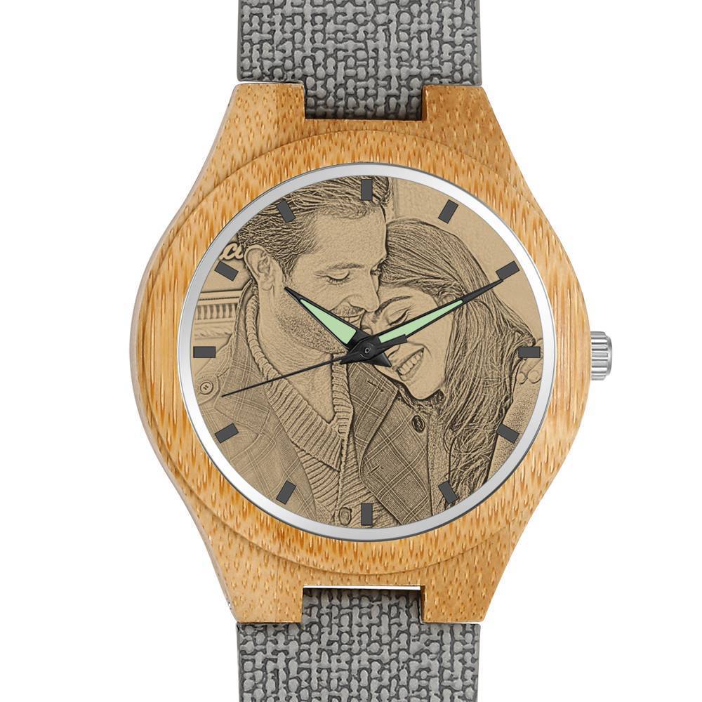 Men's Engraved Bamboo Photo Watch Grey Leather Strap 45mm