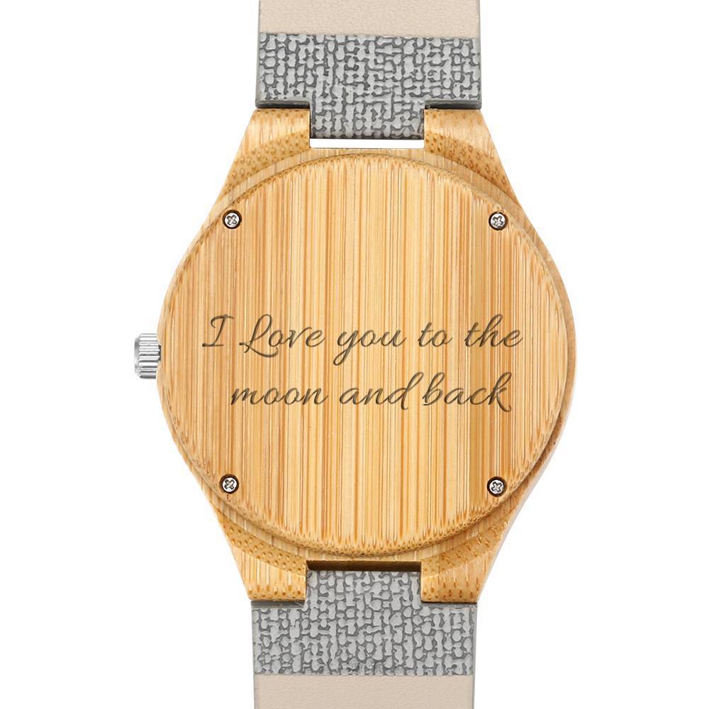 Men's Engraved Bamboo Photo Watch Grey Leather Strap 45mm