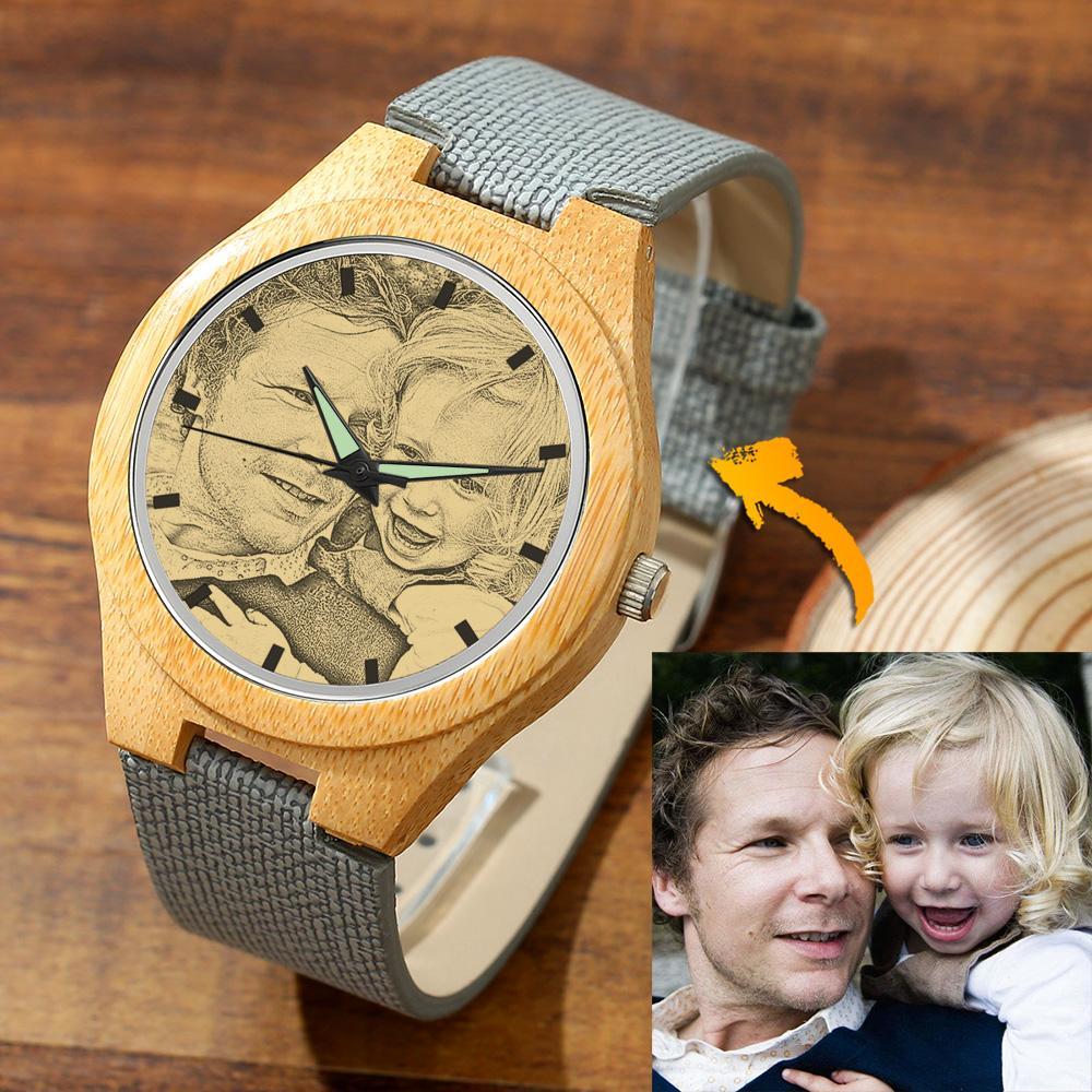 Men's Engraved Bamboo Photo Watch Wooden Leather Strap 45mm