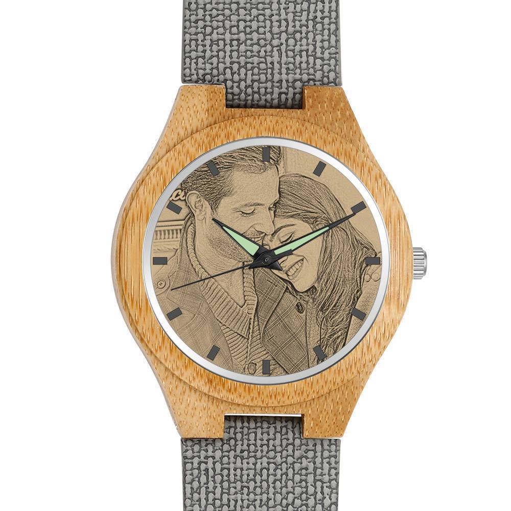 Women's Engraved Bamboo Photo Watch Grey Leather Strap 40mm