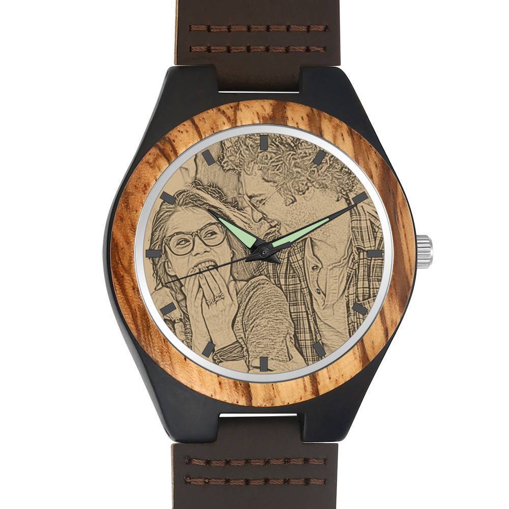 Men's Engraved Wooden Photo Watch Brown Leather Strap 45mm