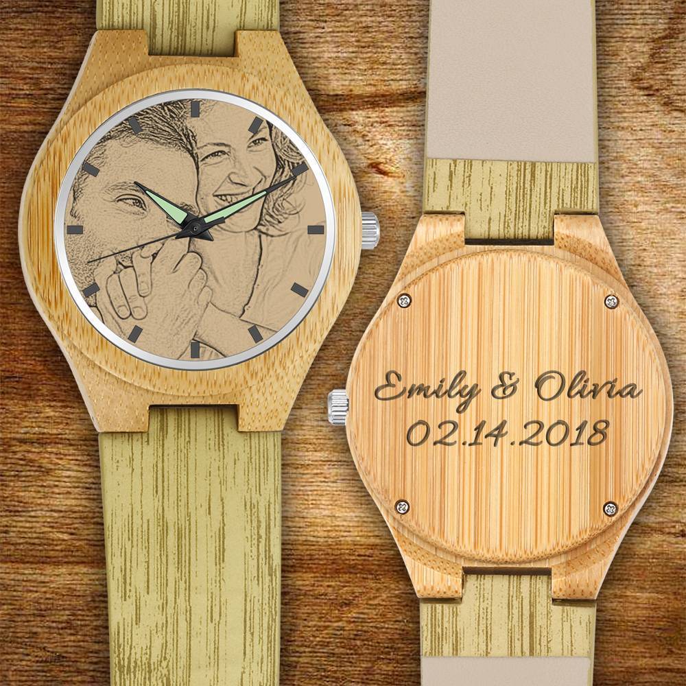 Men's Engraved Bamboo Photo Watch Wooden Leather Strap 45mm