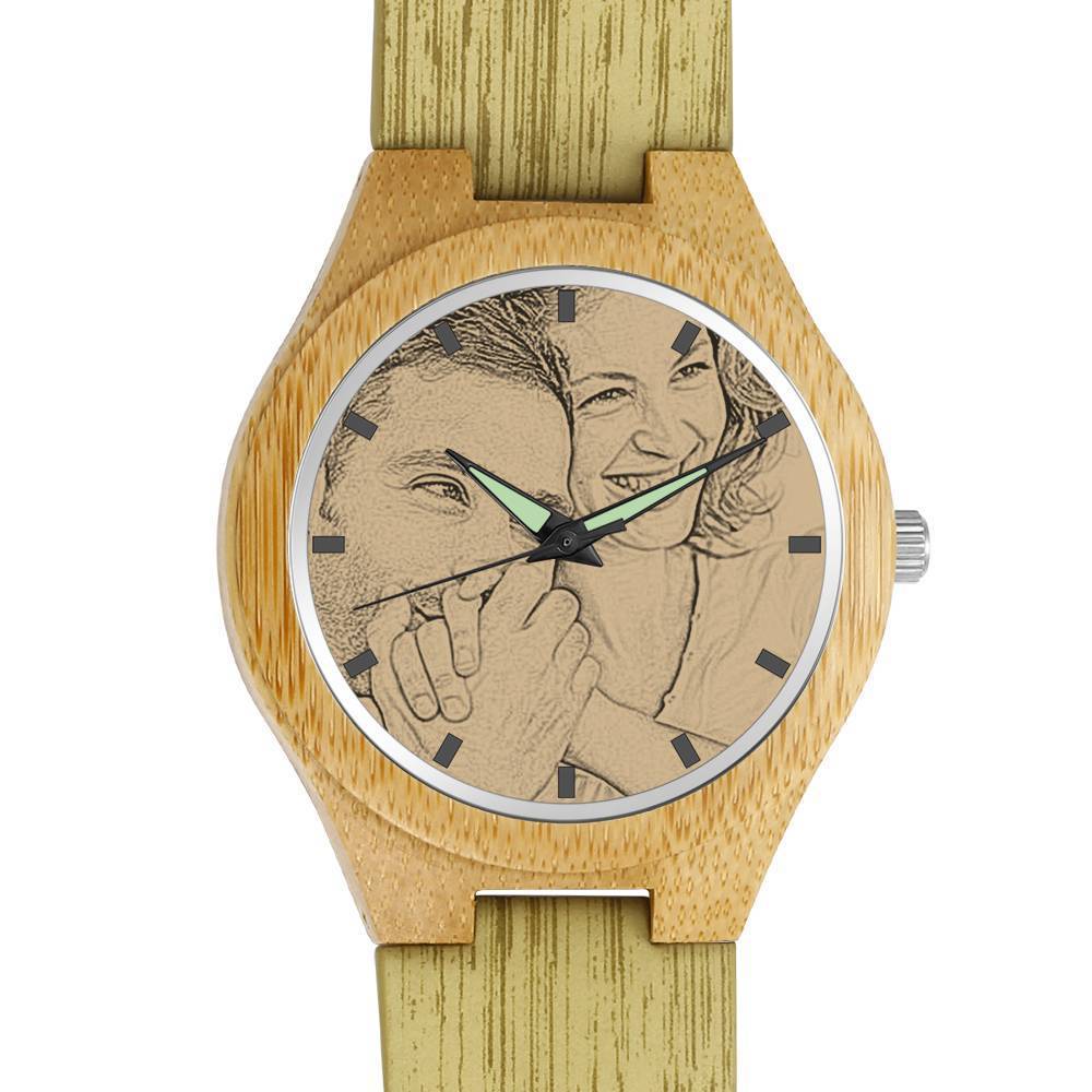 Men's Engraved Bamboo Photo Watch Wooden Leather Strap 45mm