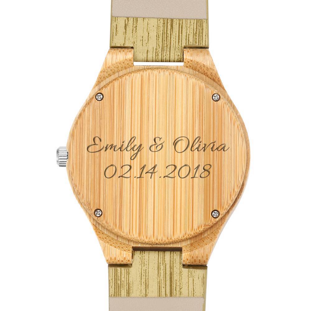 Men's Engraved Bamboo Photo Watch Wooden Leather Strap 45mm