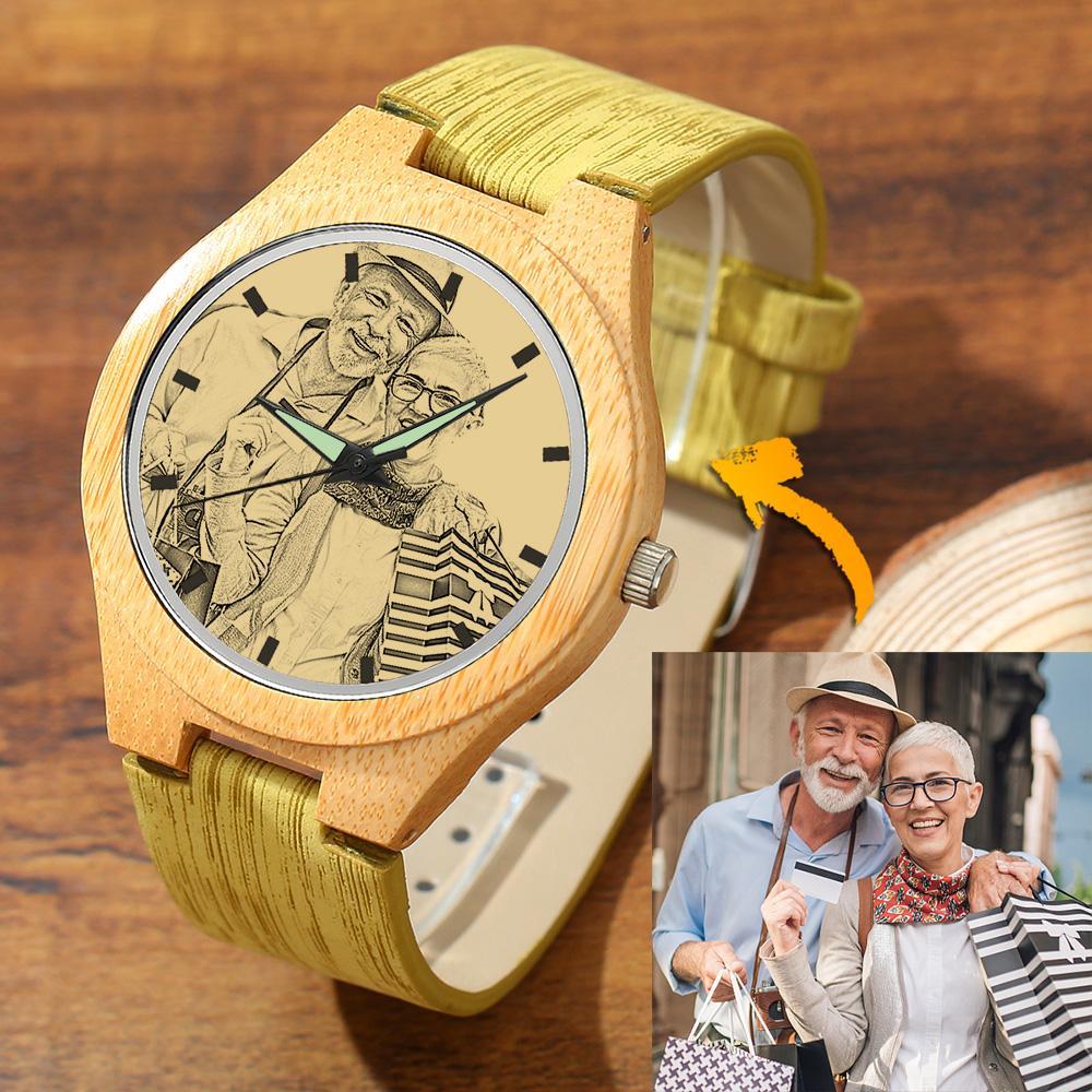 Men's Engraved Bamboo Photo Watch Wooden Leather Strap 45mm