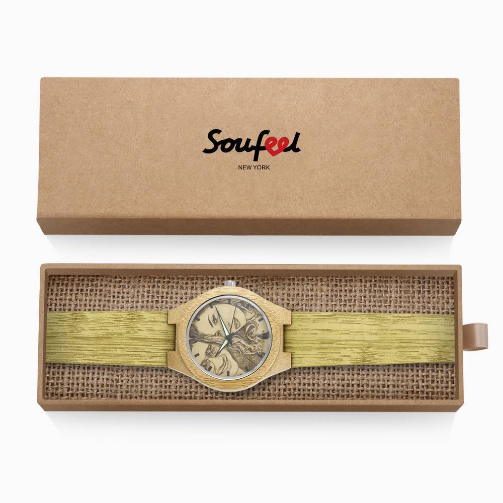 Men's Engraved Bamboo Photo Watch Wooden Leather Strap 45mm