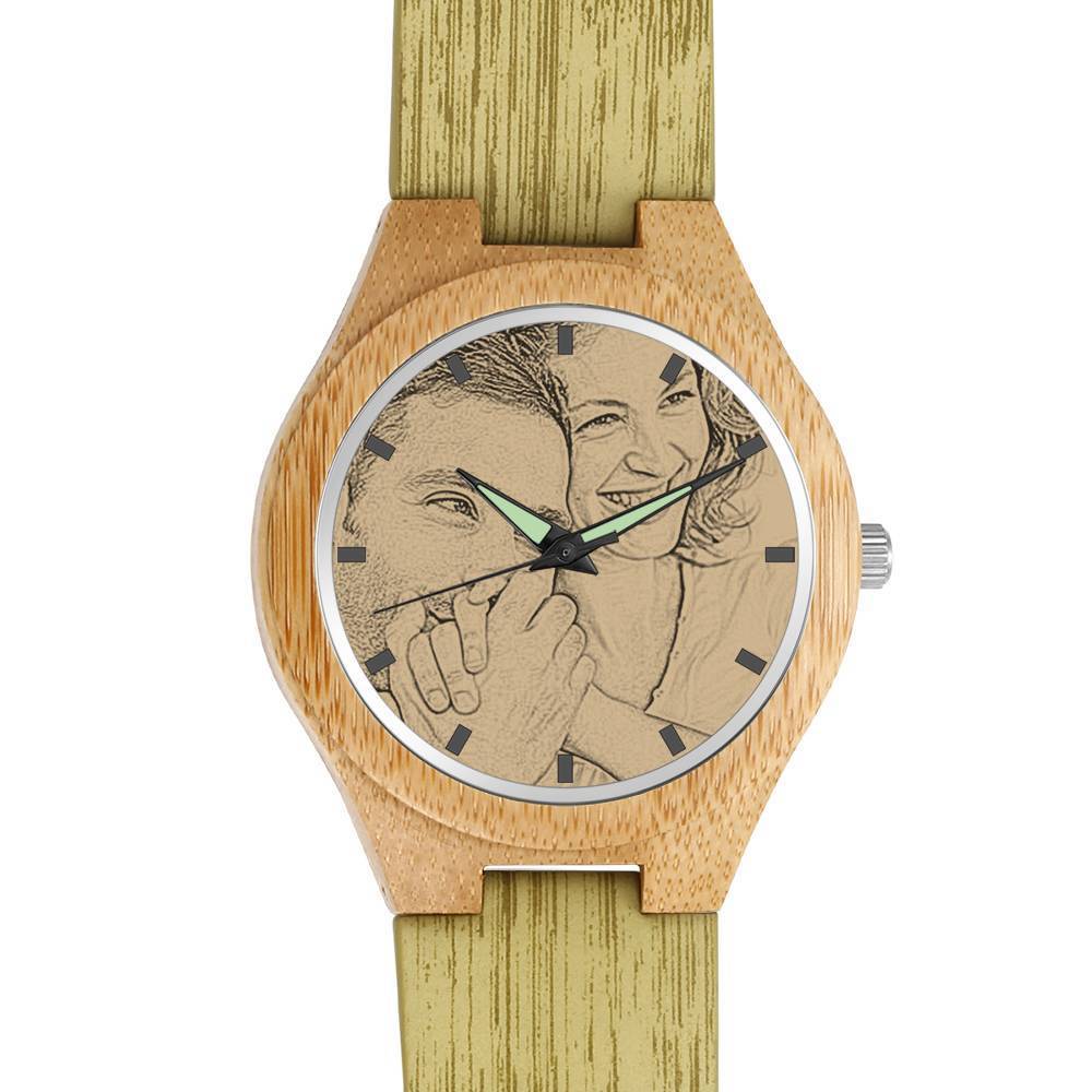 Women's Engraved Bamboo Photo Watch Wooden Leather Strap 40mm