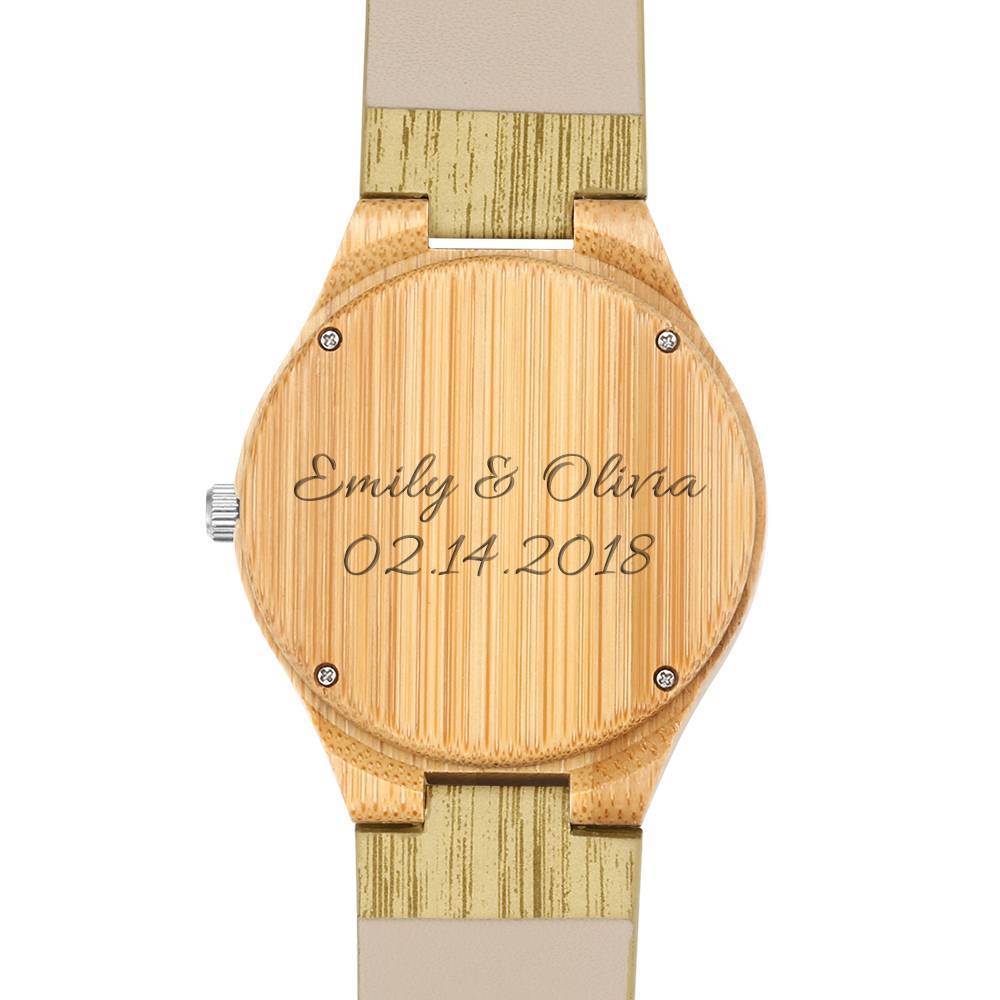 Women's Engraved Bamboo Photo Watch Wooden Leather Strap 40mm