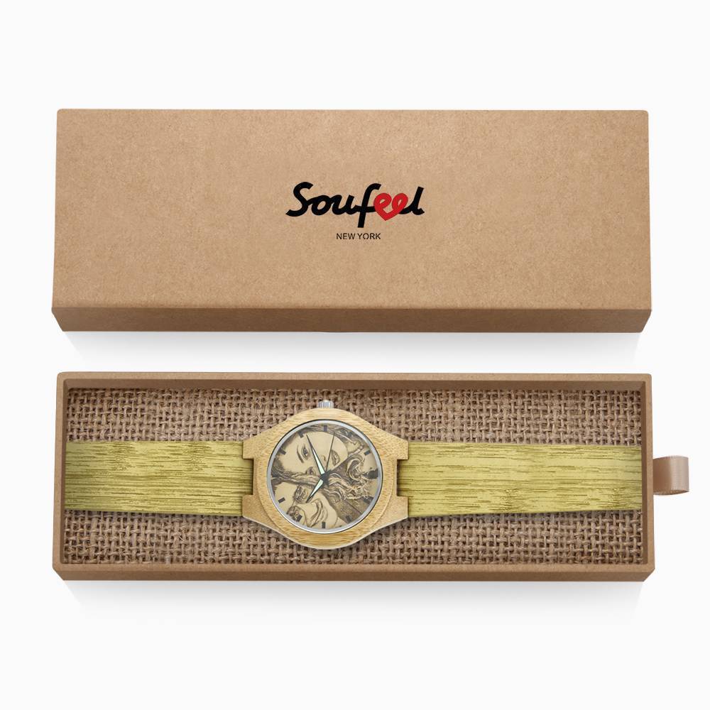 Women's Engraved Bamboo Photo Watch Wooden Leather Strap 40mm