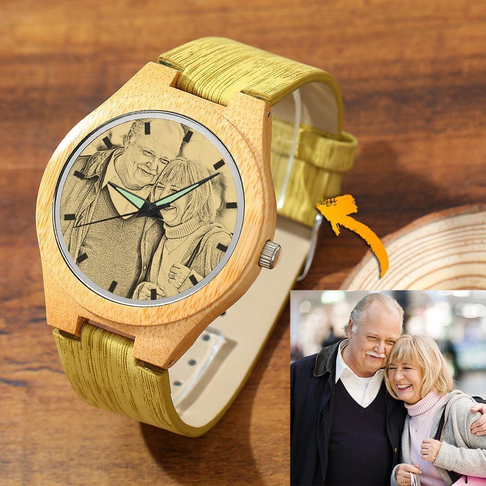 Women's Engraved Bamboo Photo Watch Wooden Leather Strap 40mm