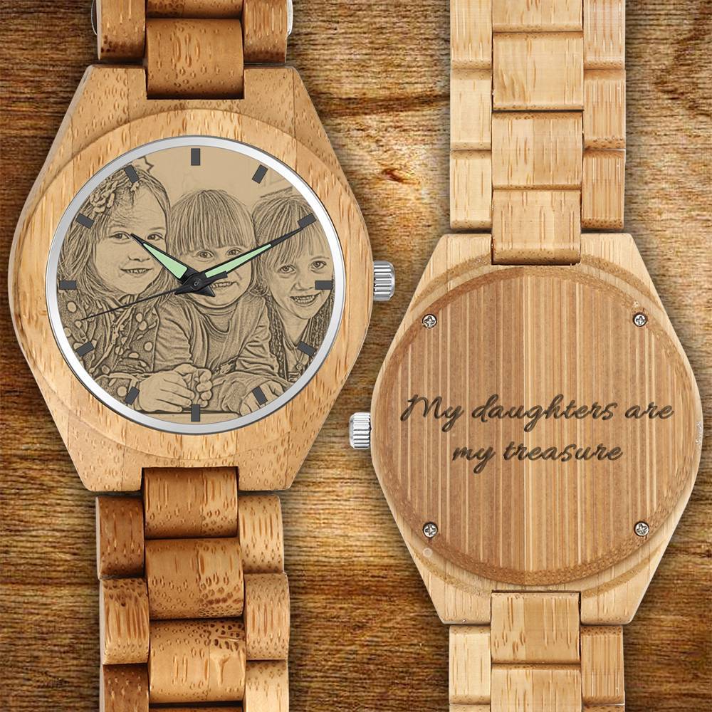 Men's Engraved Bamboo Photo Watch Wooden Strap 45mm