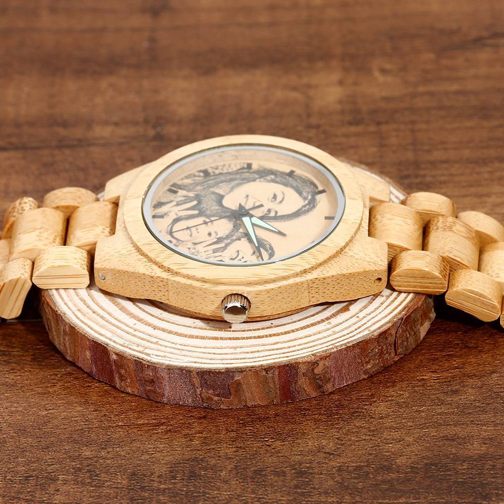Men's Engraved Bamboo Photo Watch Wooden Strap 45mm