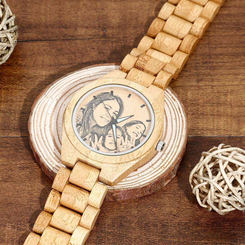 Men's Engraved Bamboo Photo Watch Wooden Strap 45mm