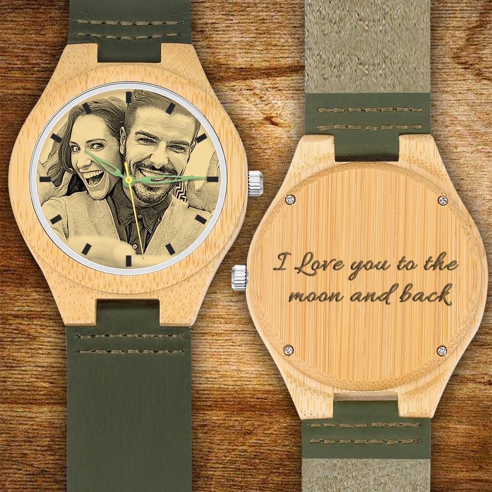 Men's Engraved Bamboo Photo Watch Dark Green Leather Strap 45mm