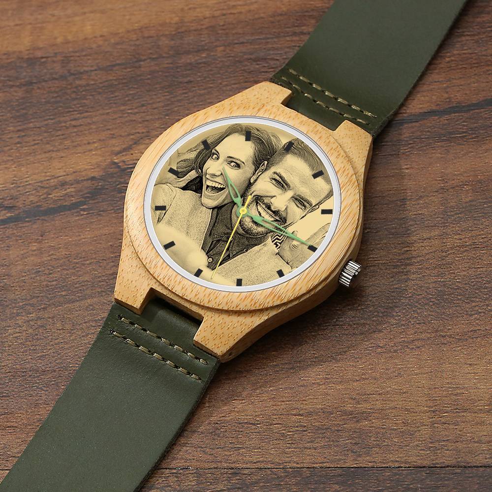 Men's Engraved Bamboo Photo Watch Dark Green Leather Strap 45mm