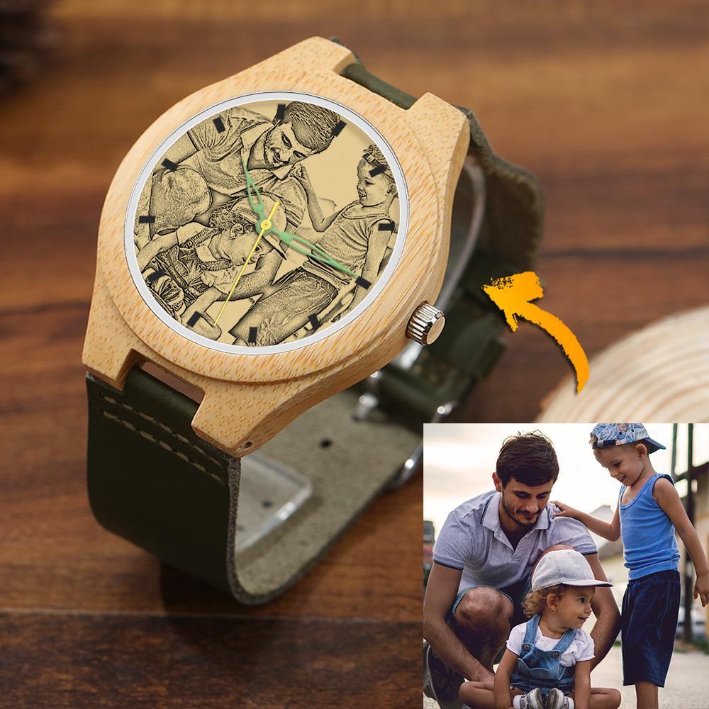 Men's Engraved Bamboo Photo Watch Dark Green Leather Strap 45mm