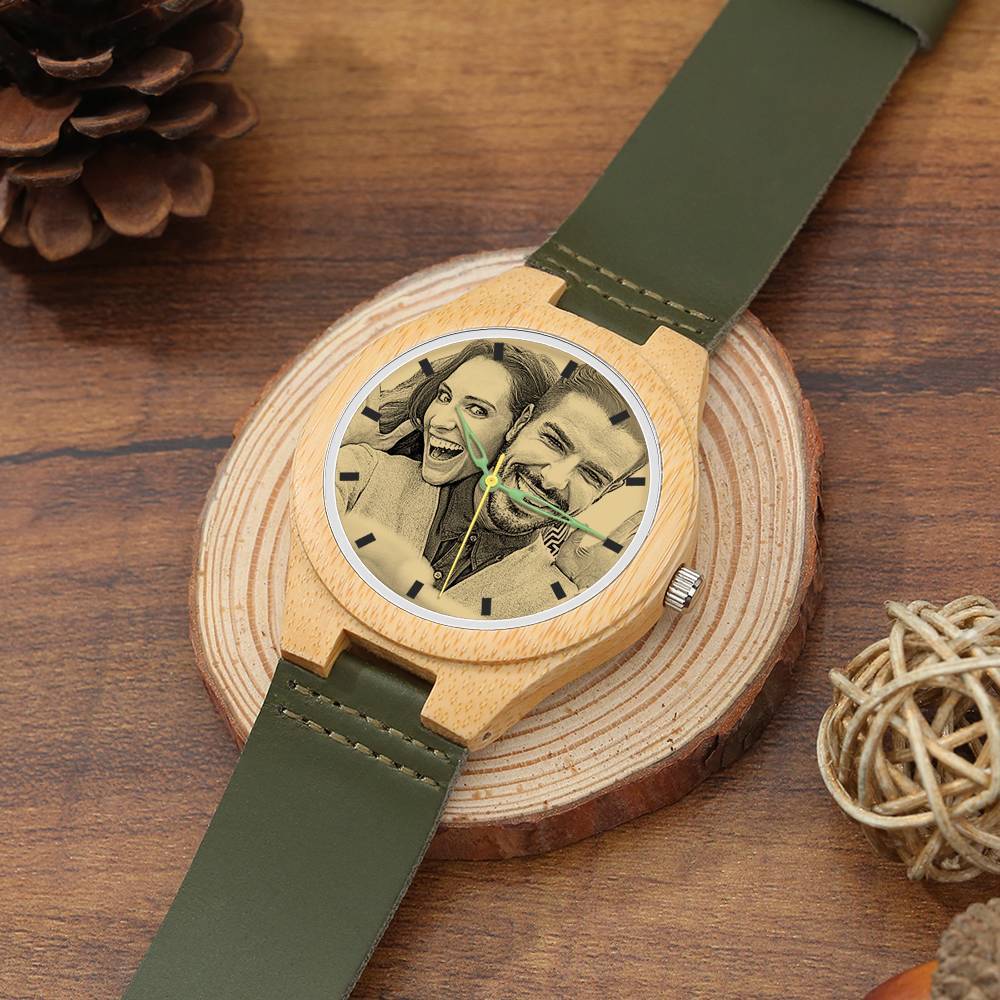 Men's Engraved Bamboo Photo Watch Dark Green Leather Strap 45mm