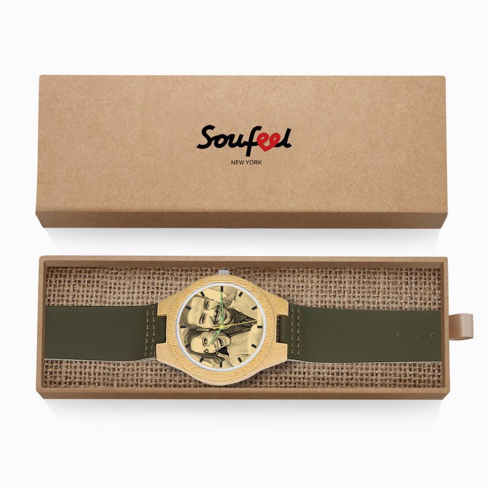 Men's Engraved Bamboo Photo Watch Dark Green Leather Strap 45mm