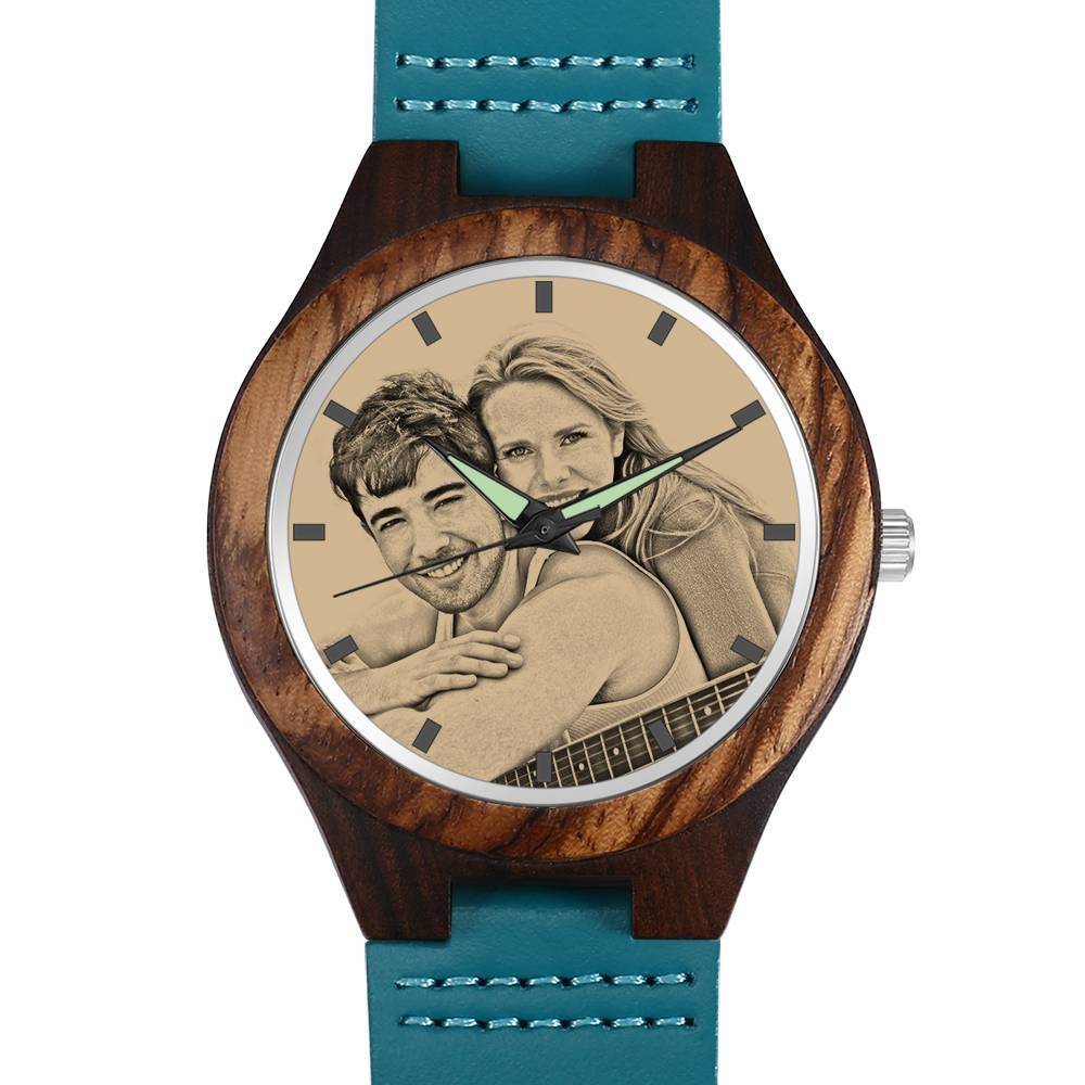 Men's Engraved Wooden Photo Watch Blue Leather Strap - Sandalwood