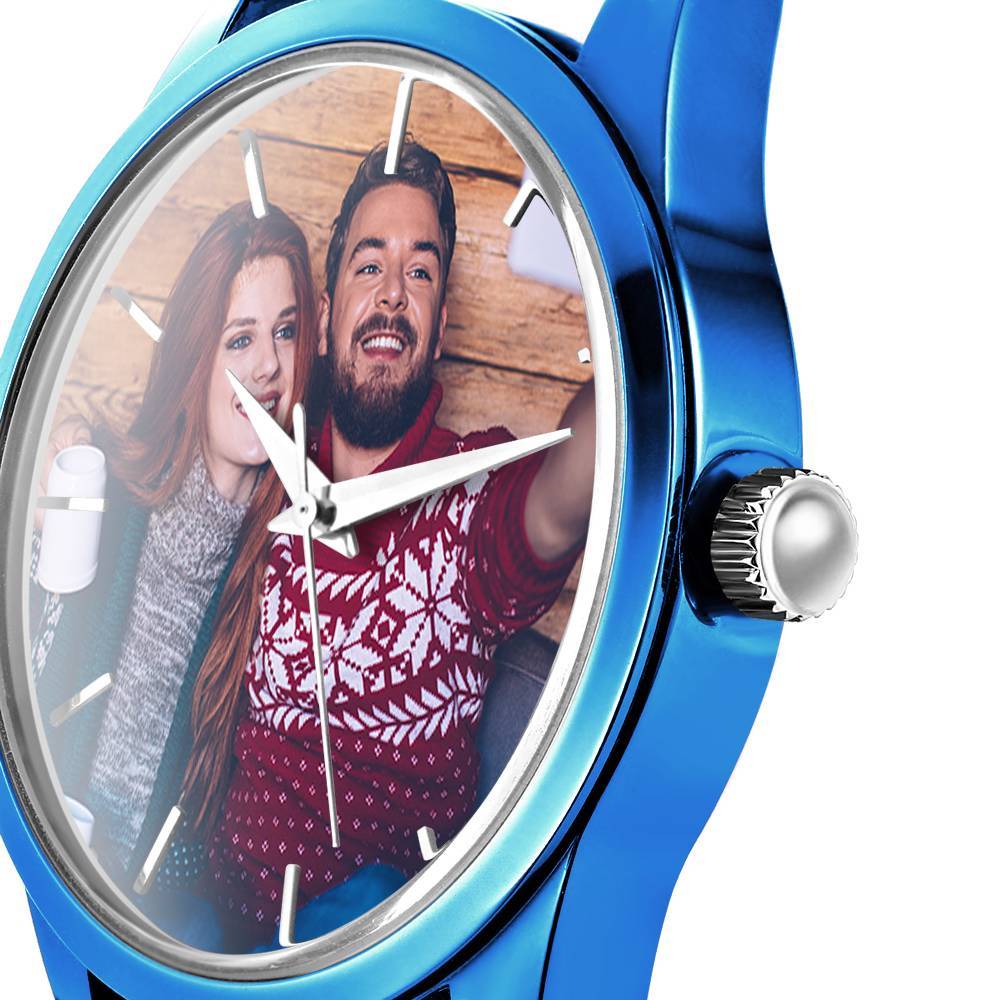 Personalised Engraved Watch, Photo Watch with Blue Leather Strap Women's