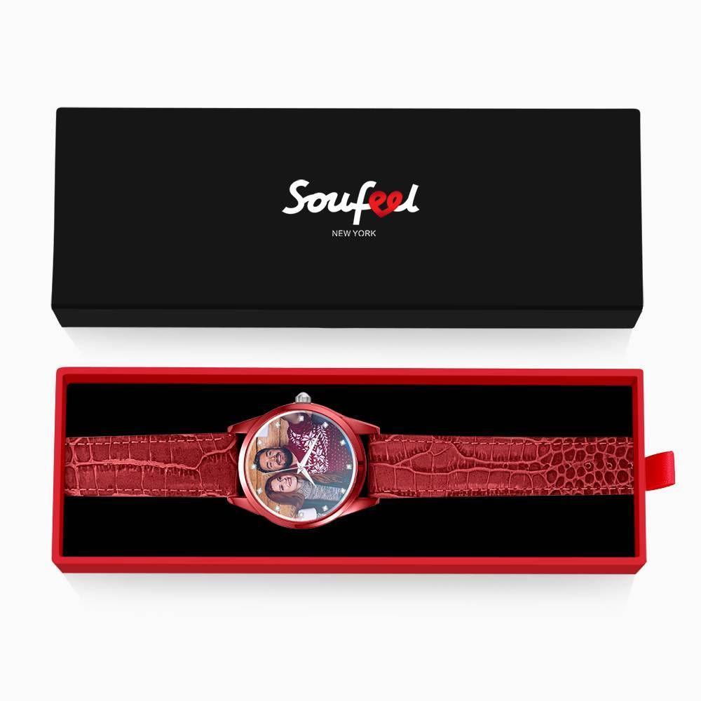 Personalised Engraved Watch, Photo Watch with Red Leather Strap Women's