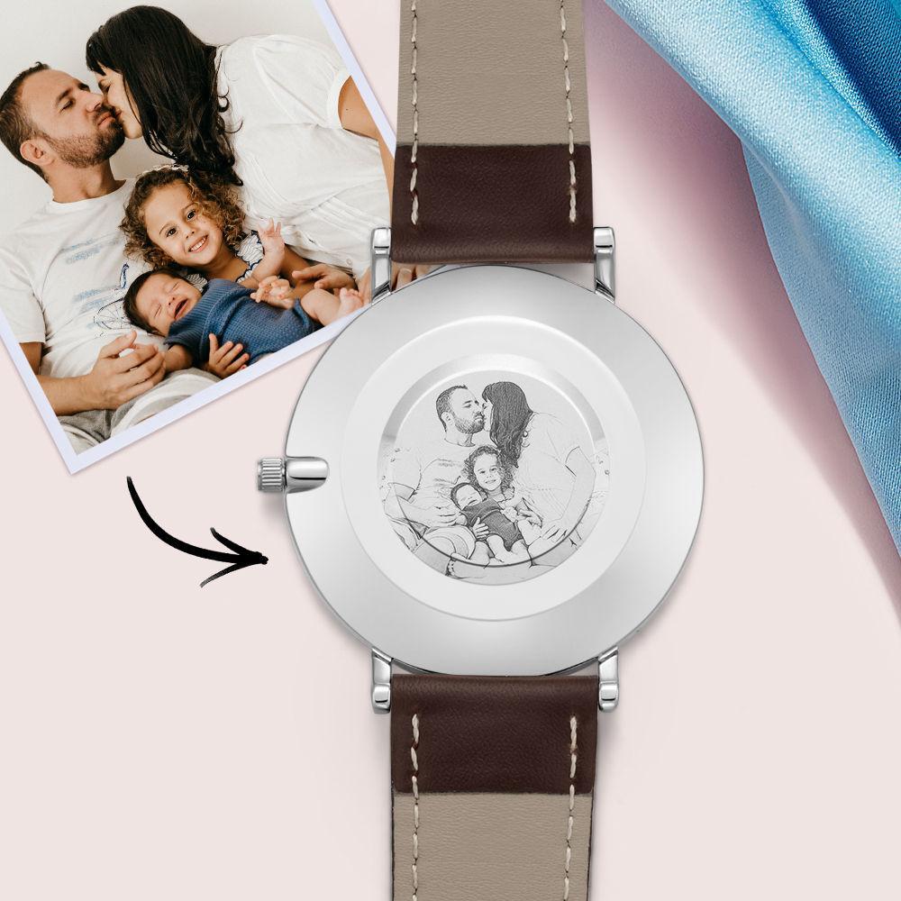 Personalised Photo Engraved Watch Brown Leather Strap Men's Gifts