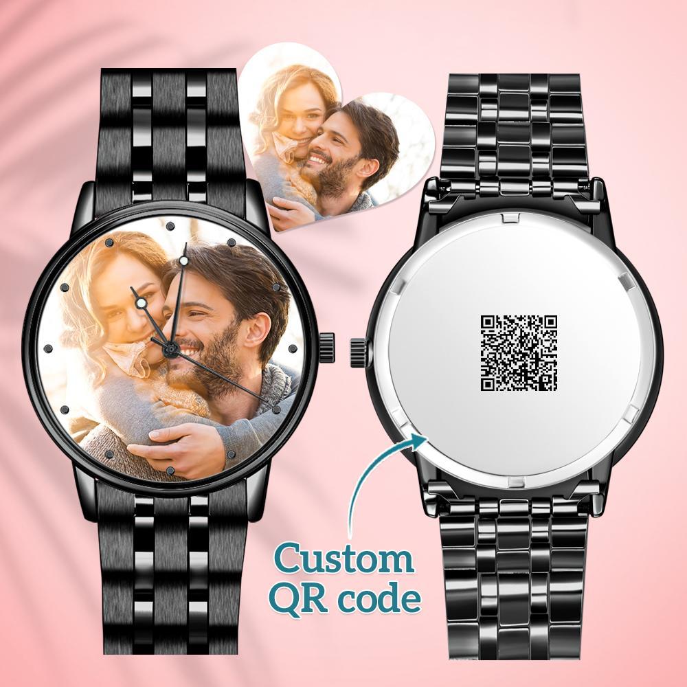 Engraved Men's Black Alloy Bracelet Photo Watch QR Code Watch 38mm Men's Gifts - soufeelau