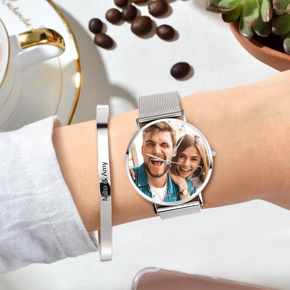 Women's Engraved Calendar Alloy Bracelet Photo Watch 36mm for Mom - soufeelau