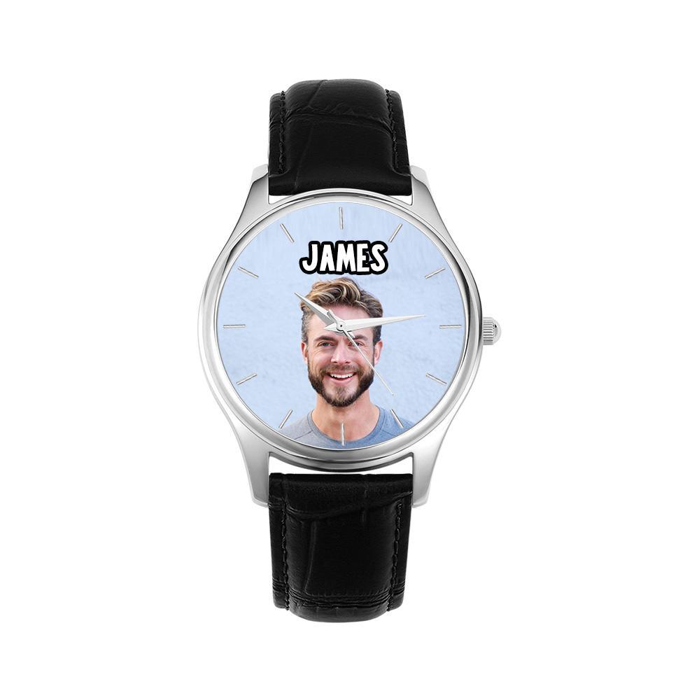 Custom Name Photo Watch 40mm Black Leather Strap Personalized Gift for Him - soufeelau