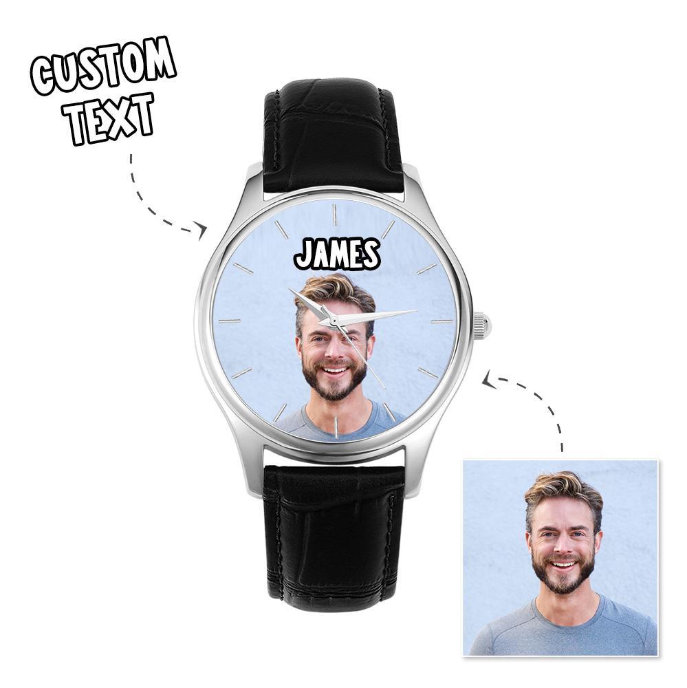 Custom Name Photo Watch 40mm Black Leather Strap Personalized Gift for Him - soufeelau
