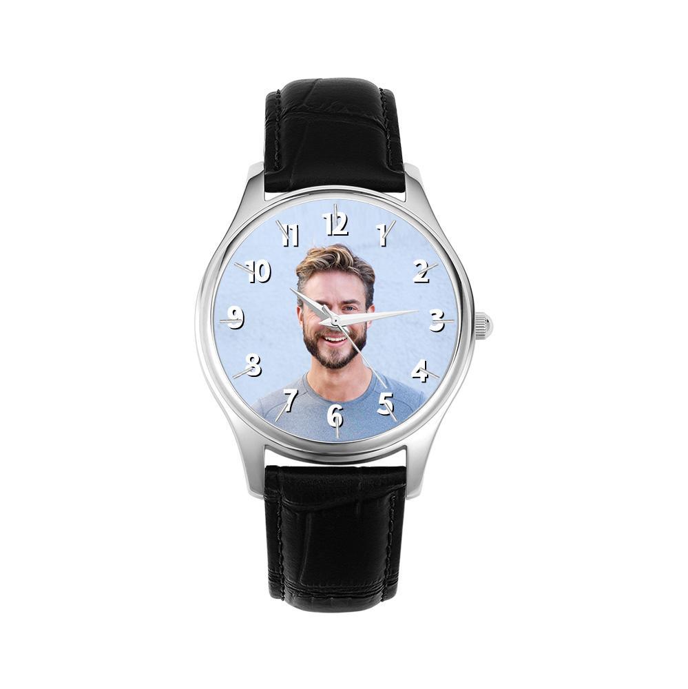 Custom Name Photo Watch 40mm Black Leather Strap Personalized Gift for Him - soufeelau