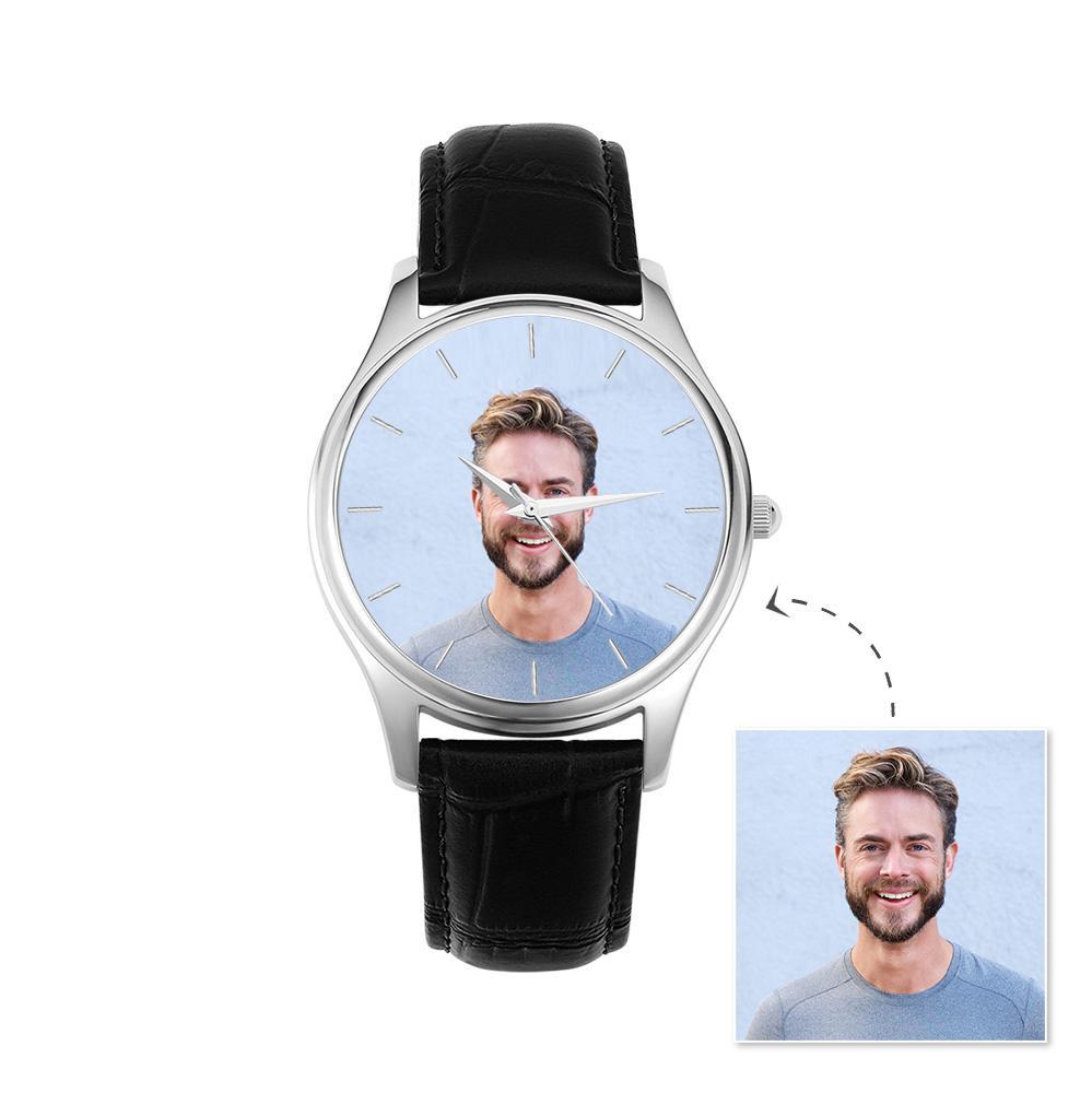 Custom Name Photo Watch 40mm Black Leather Strap Personalized Gift for Him - soufeelau